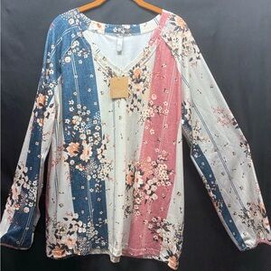 Floral Stripe V-Neck Long Sleeve Top - Blue, Pink, Cream